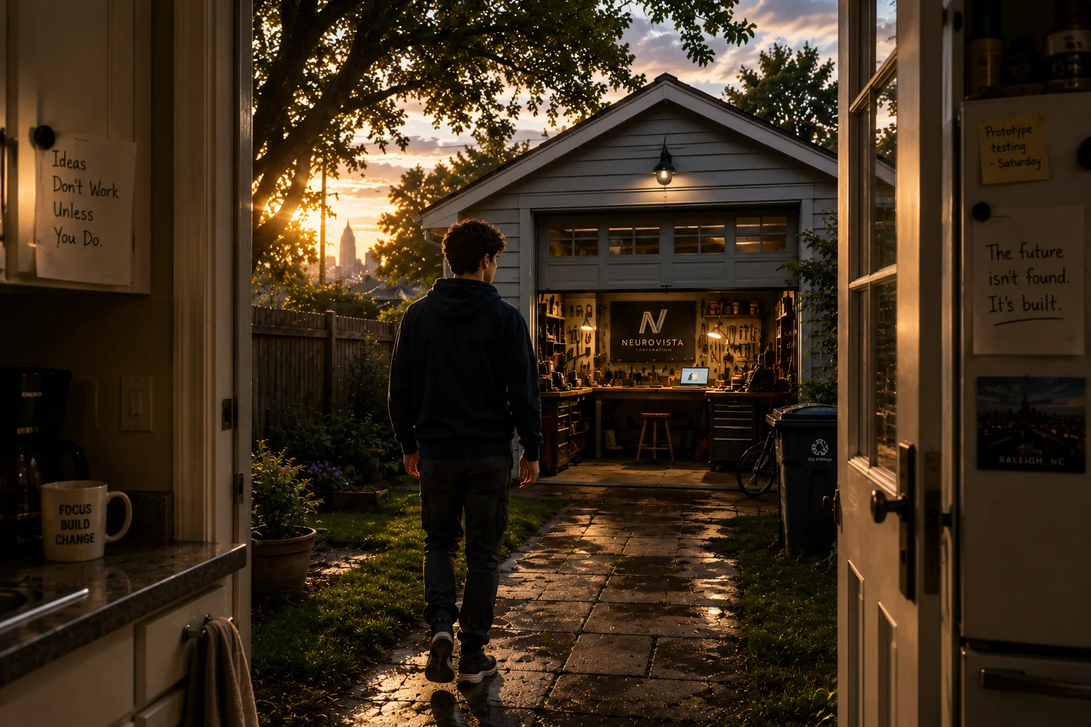 Noah walks to garage